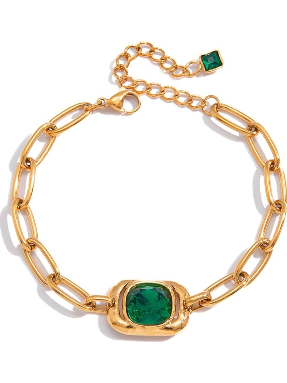 NEW 18K Gold Plated Chain Bracelet with Emerald Green Stone
